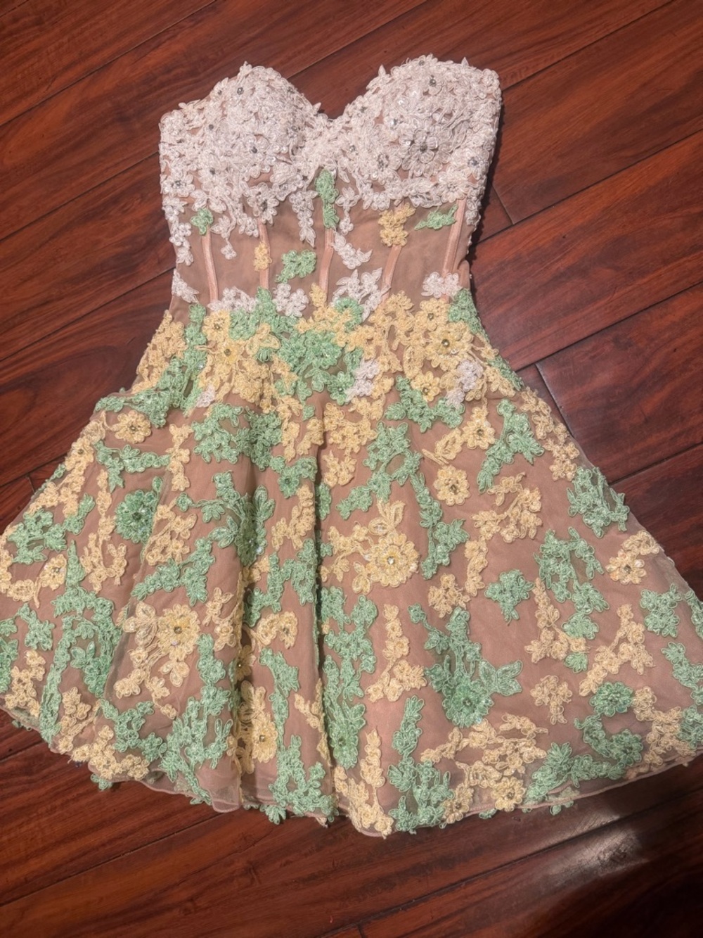 Sherri Hill Strapless Floral Appliqué Cocktail Dress in Blush, Yellow & Mint - Picture 11 of 15